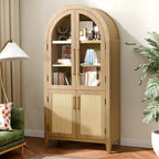 Meuble de rangement en bois naturel avec portes vitrées et arceau – 2 portes, 5 étagères, montage par 1 personne