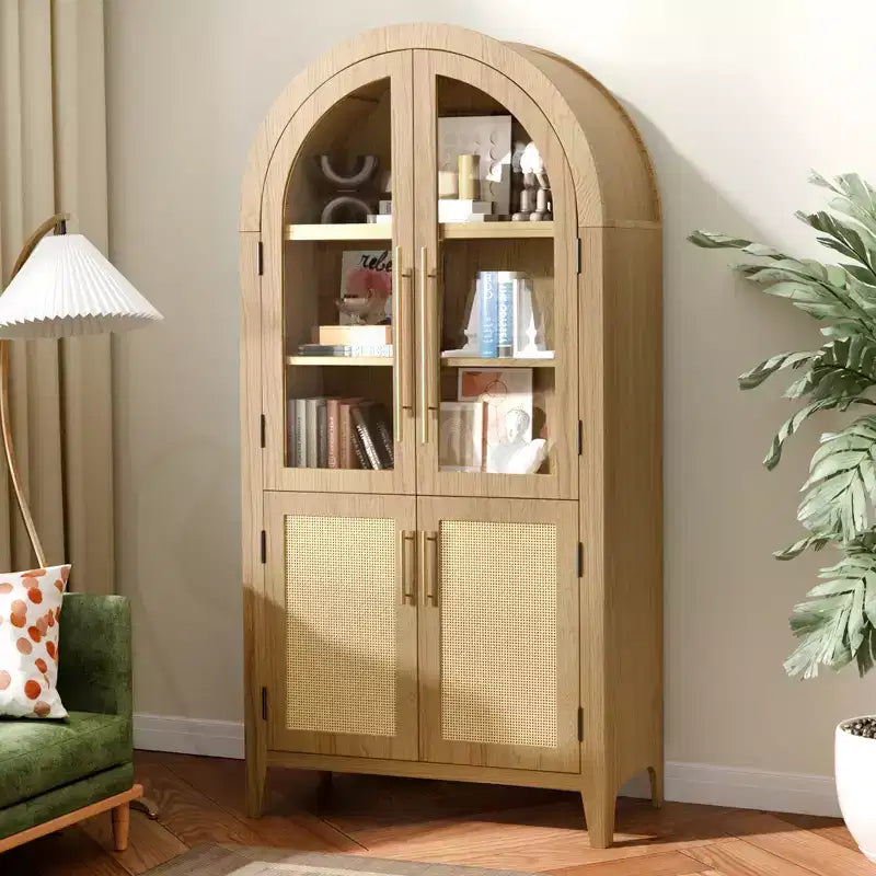 Meuble de rangement en bois naturel avec portes vitrées et arceau – 2 portes, 5 étagères, montage par 1 personne