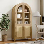 Meuble de rangement en bois naturel avec portes vitrées et arceau – 2 portes, 5 étagères, montage par 1 personne