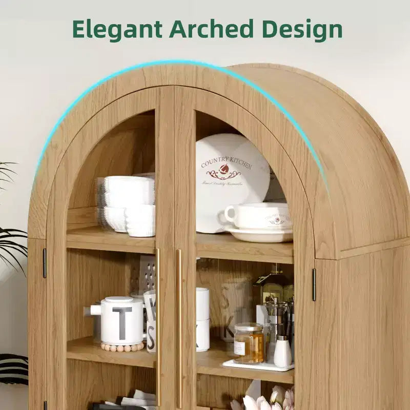 Meuble de rangement en bois naturel avec portes vitrées et arceau – 2 portes, 5 étagères, montage par 1 personne