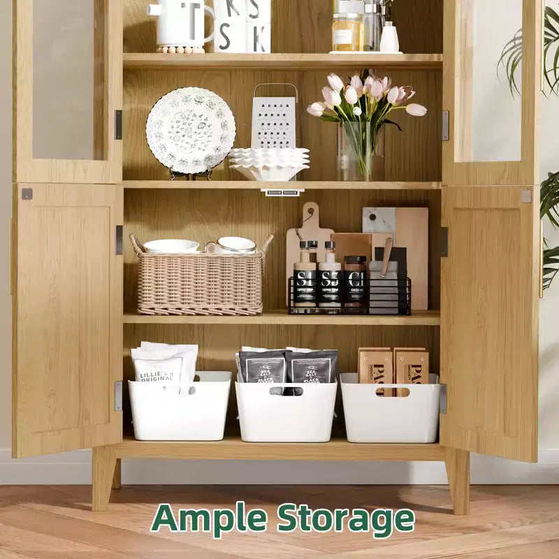 Meuble de rangement en bois naturel avec portes vitrées et arceau – 2 portes, 5 étagères, montage par 1 personne