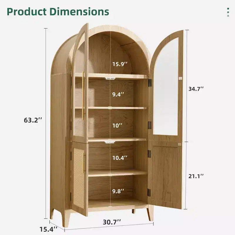 Meuble de rangement en bois naturel avec portes vitrées et arceau – 2 portes, 5 étagères, montage par 1 personne