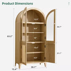 Meuble de rangement en bois naturel avec portes vitrées et arceau – 2 portes, 5 étagères, montage par 1 personne