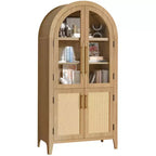 Meuble de rangement en bois naturel avec portes vitrées et arceau – 2 portes, 5 étagères, montage par 1 personne