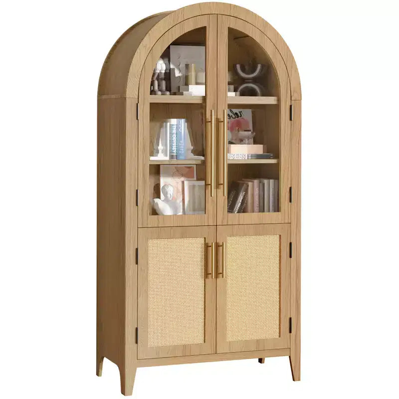 Meuble de rangement en bois naturel avec portes vitrées et arceau – 2 portes, 5 étagères, montage par 1 personne
