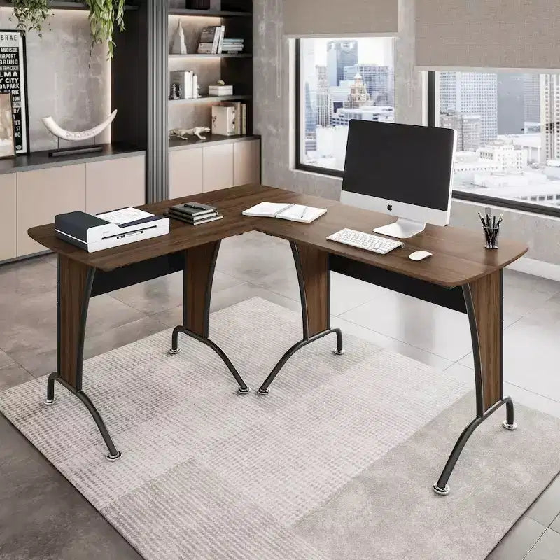 Bureau d'angle imitation bois, cadre en acier, 1 à 2 personnes
