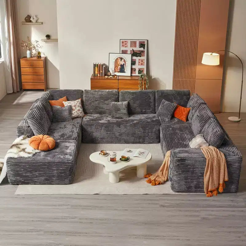 Beige / Noir / Gris | Canapé d'angle modulable en U | Jusqu'à 8 places