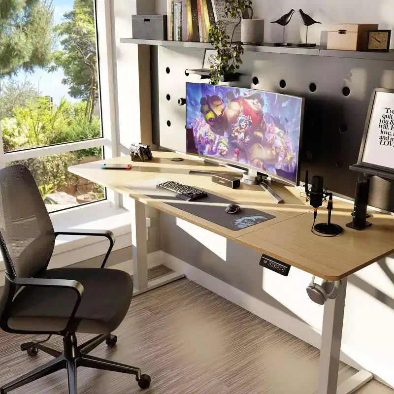 Bureau debout électrique réglable en hauteur, 1 personne, 160 cm, blanc / jaune