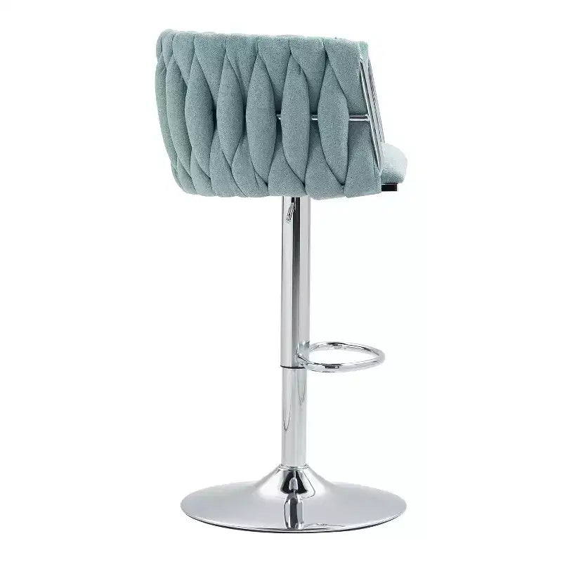 Tabouret de bar pivotant en velours beige / bleu / jaune avec dossier tissé et repose-pieds – Lot de 2
