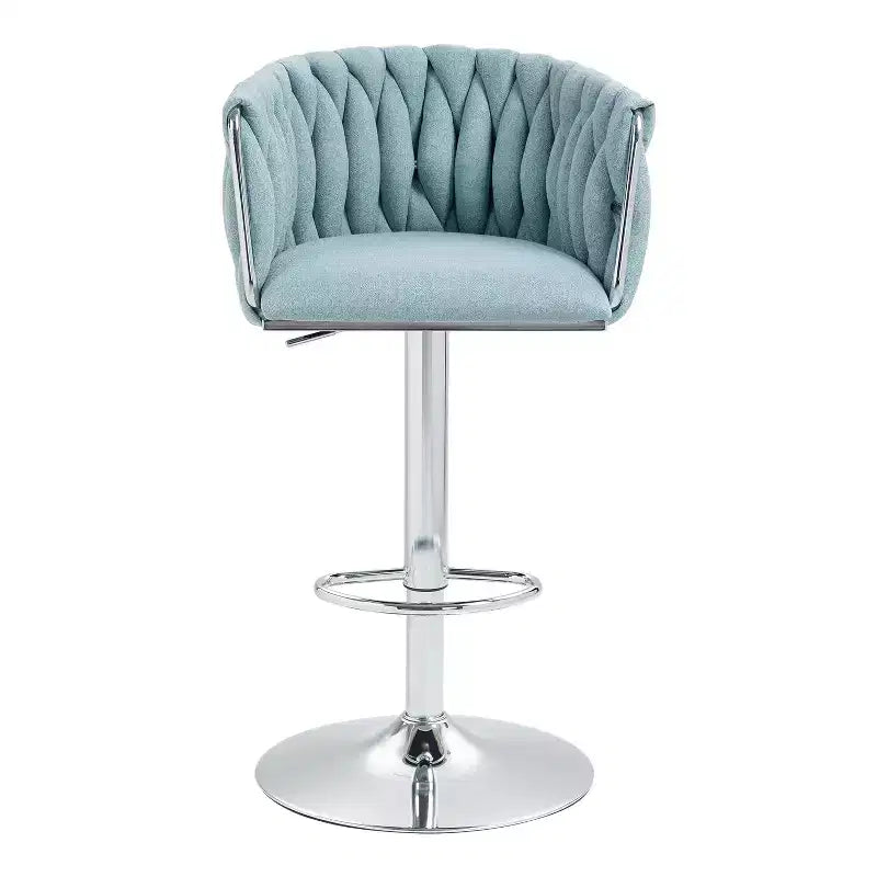 Tabouret de bar pivotant en velours beige / bleu / jaune avec dossier tissé et repose-pieds – Lot de 2