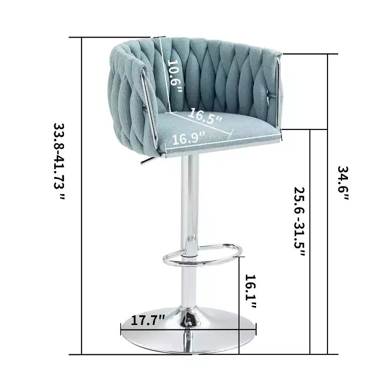 Tabouret de bar pivotant en velours beige / bleu / jaune avec dossier tissé et repose-pieds – Lot de 2