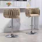 Tabouret de bar pivotant en velours beige / bleu / jaune avec dossier tissé et repose-pieds – Lot de 2