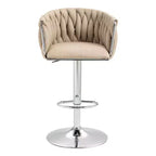 Tabouret de bar pivotant en velours beige / bleu / jaune avec dossier tissé et repose-pieds – Lot de 2