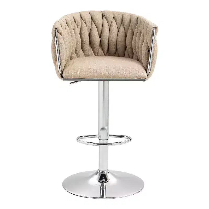 Tabouret de bar pivotant en velours beige / bleu / jaune avec dossier tissé et repose-pieds – Lot de 2
