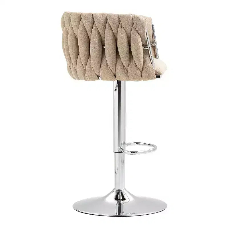 Tabouret de bar pivotant en velours beige / bleu / jaune avec dossier tissé et repose-pieds – Lot de 2