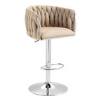 Tabouret de bar pivotant en velours beige / bleu / jaune avec dossier tissé et repose-pieds – Lot de 2