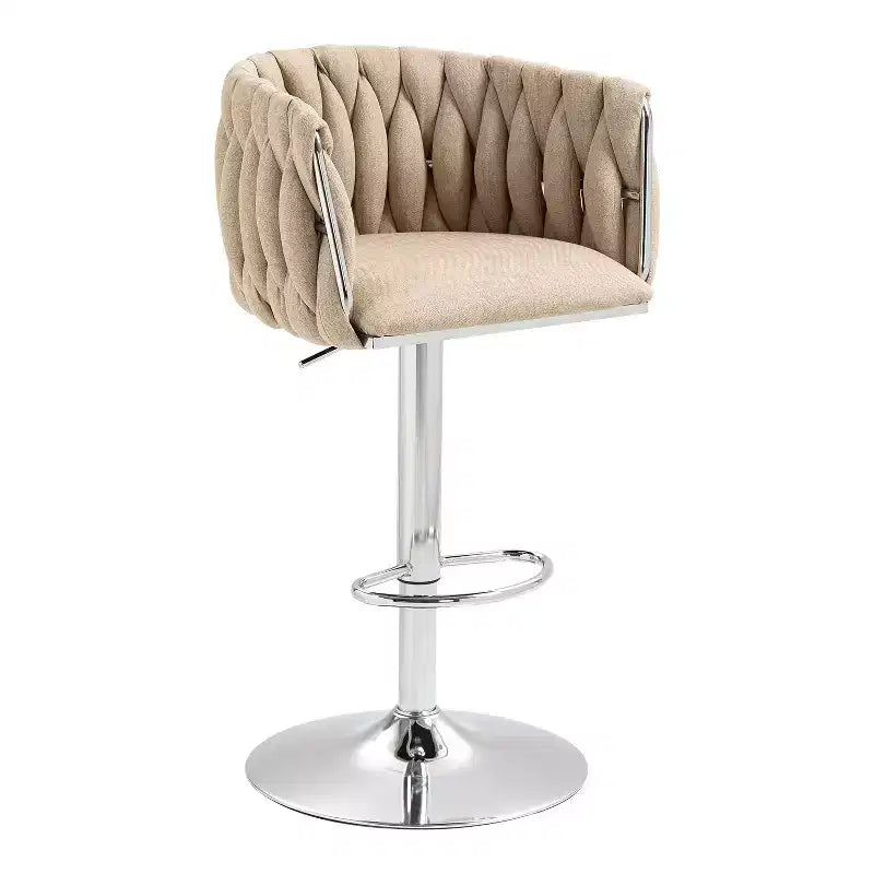 Tabouret de bar pivotant en velours beige / bleu / jaune avec dossier tissé et repose-pieds – Lot de 2
