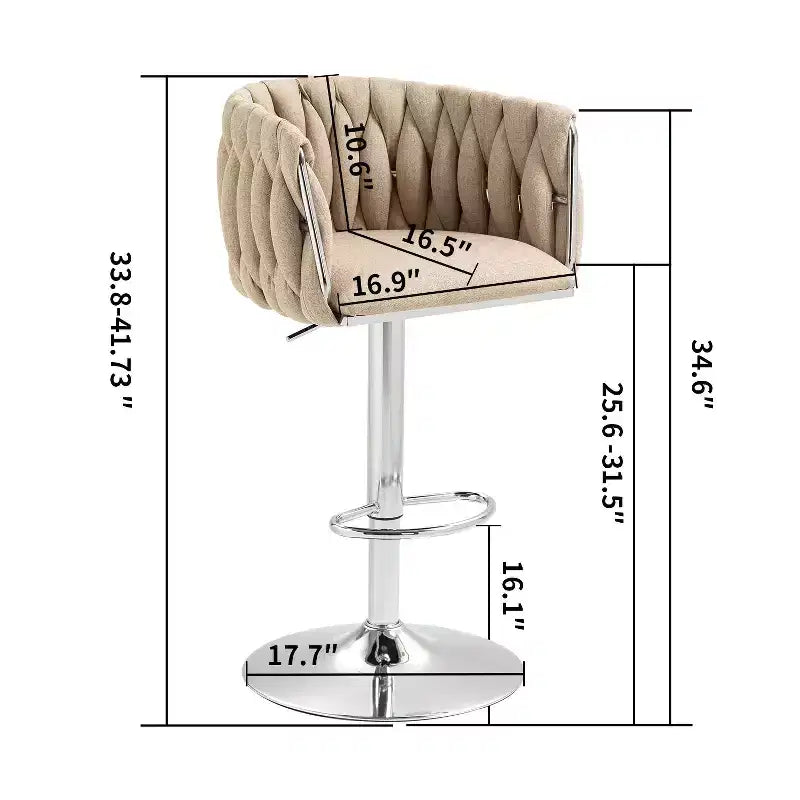 Tabouret de bar pivotant en velours beige / bleu / jaune avec dossier tissé et repose-pieds – Lot de 2