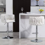 Tabouret de bar pivotant en velours beige / bleu / jaune avec dossier tissé et repose-pieds – Lot de 2