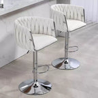 Tabouret de bar pivotant en velours beige / bleu / jaune avec dossier tissé et repose-pieds – Lot de 2