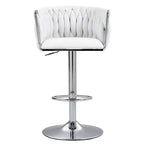 Tabouret de bar pivotant en velours beige / bleu / jaune avec dossier tissé et repose-pieds – Lot de 2