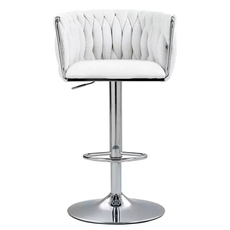 Tabouret de bar pivotant en velours beige / bleu / jaune avec dossier tissé et repose-pieds – Lot de 2