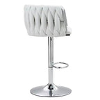 Tabouret de bar pivotant en velours beige / bleu / jaune avec dossier tissé et repose-pieds – Lot de 2