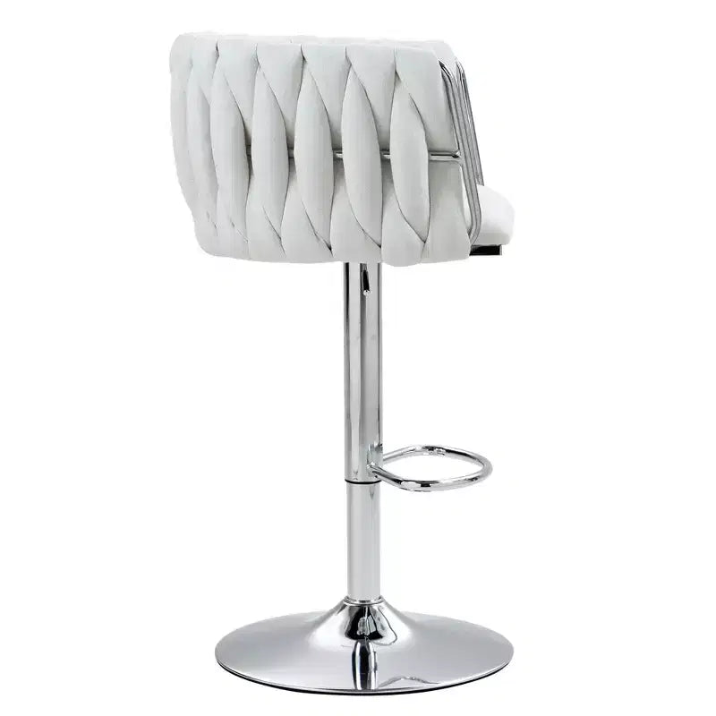 Tabouret de bar pivotant en velours beige / bleu / jaune avec dossier tissé et repose-pieds – Lot de 2