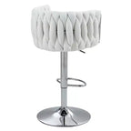 Tabouret de bar pivotant en velours beige / bleu / jaune avec dossier tissé et repose-pieds – Lot de 2