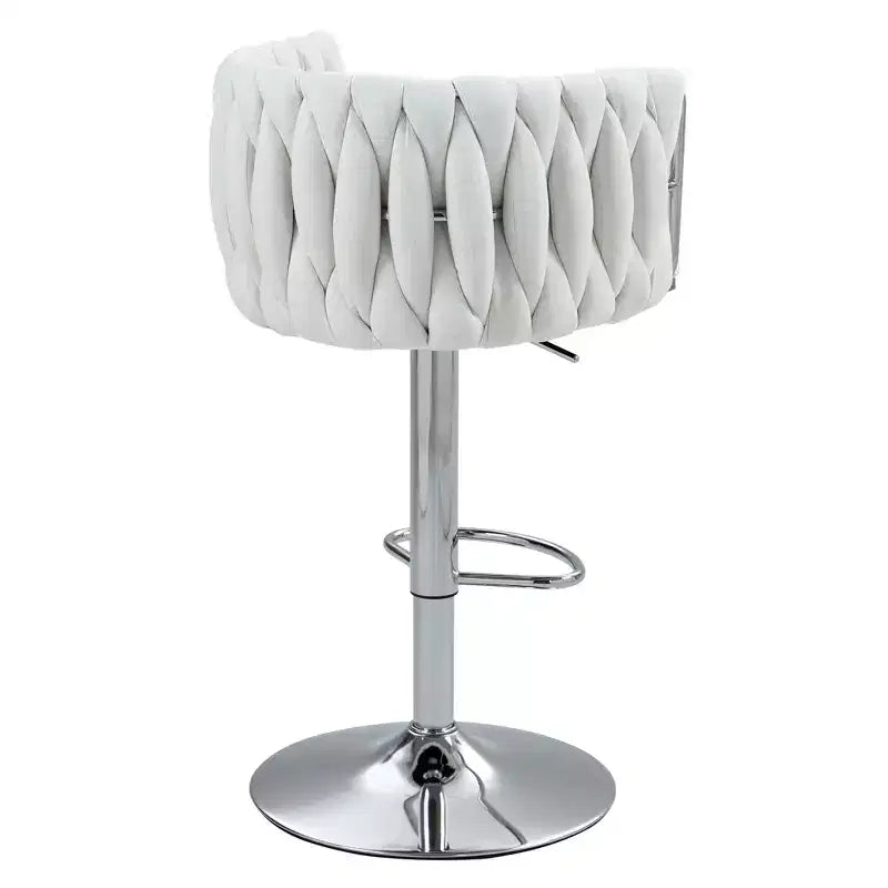 Tabouret de bar pivotant en velours beige / bleu / jaune avec dossier tissé et repose-pieds – Lot de 2