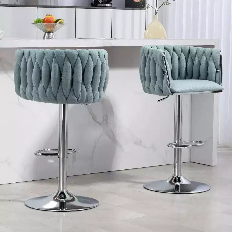 Tabouret de bar pivotant en velours beige / bleu / jaune avec dossier tissé et repose-pieds – Lot de 2