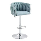 Tabouret de bar pivotant en velours beige / bleu / jaune avec dossier tissé et repose-pieds – Lot de 2