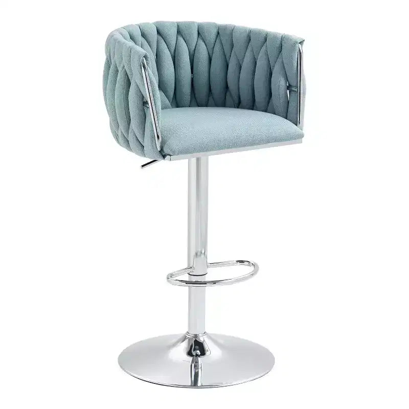 Tabouret de bar pivotant en velours beige / bleu / jaune avec dossier tissé et repose-pieds – Lot de 2