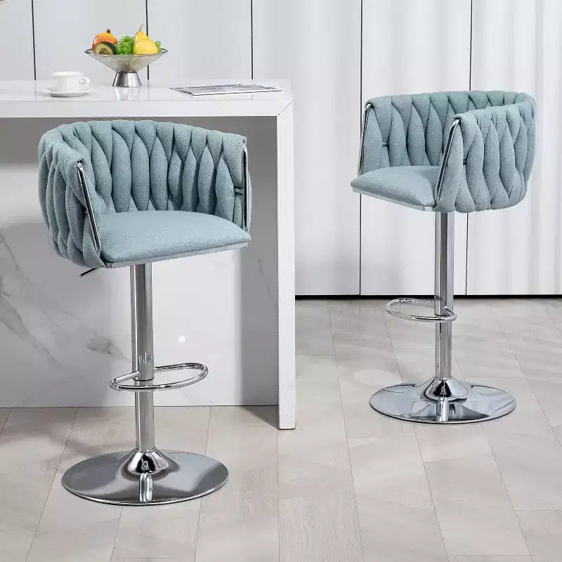 Tabouret de bar pivotant en velours beige / bleu / jaune avec dossier tissé et repose-pieds – Lot de 2