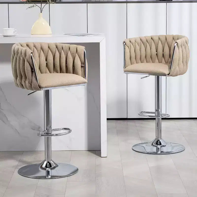 Tabouret de bar pivotant en velours beige / bleu / jaune avec dossier tissé et repose-pieds – Lot de 2