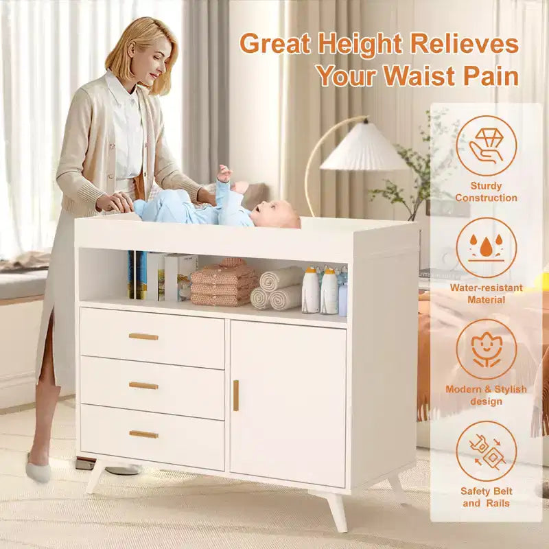 Table à langer et commode blanches 3 tiroirs – 2-en-1, 1 enfant