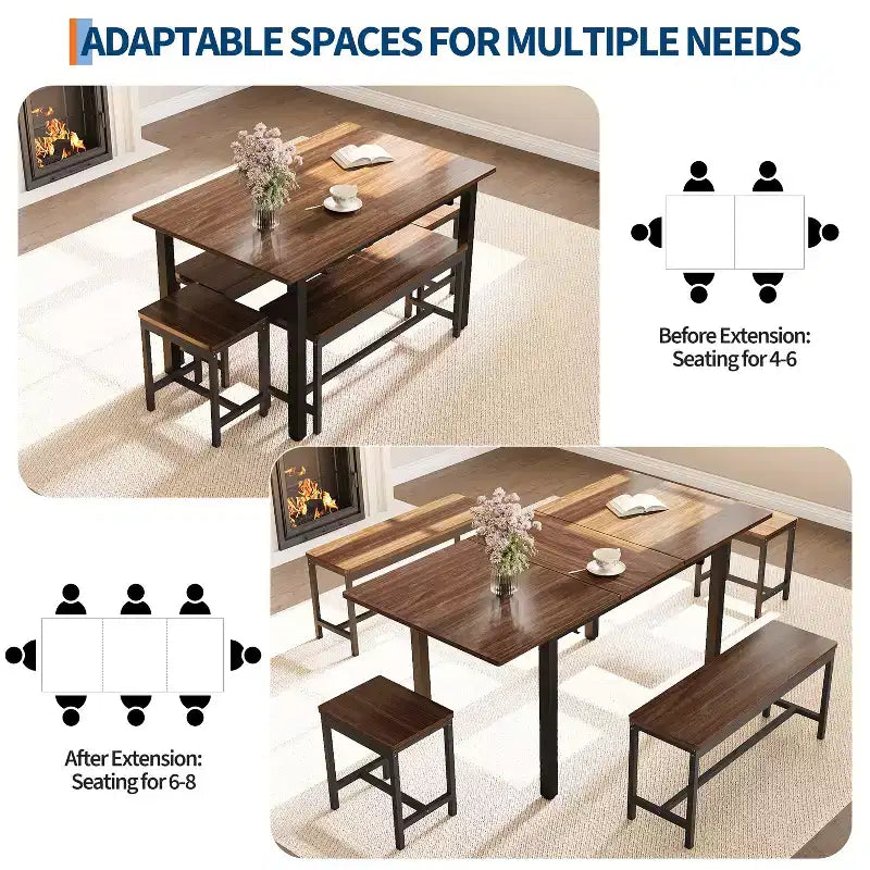 Ensemble table à manger extensible noire/marron, 5 pièces, pour 4 à 8 personnes