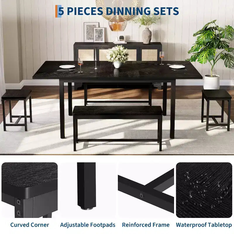 Ensemble table à manger extensible noire/marron, 5 pièces, pour 4 à 8 personnes