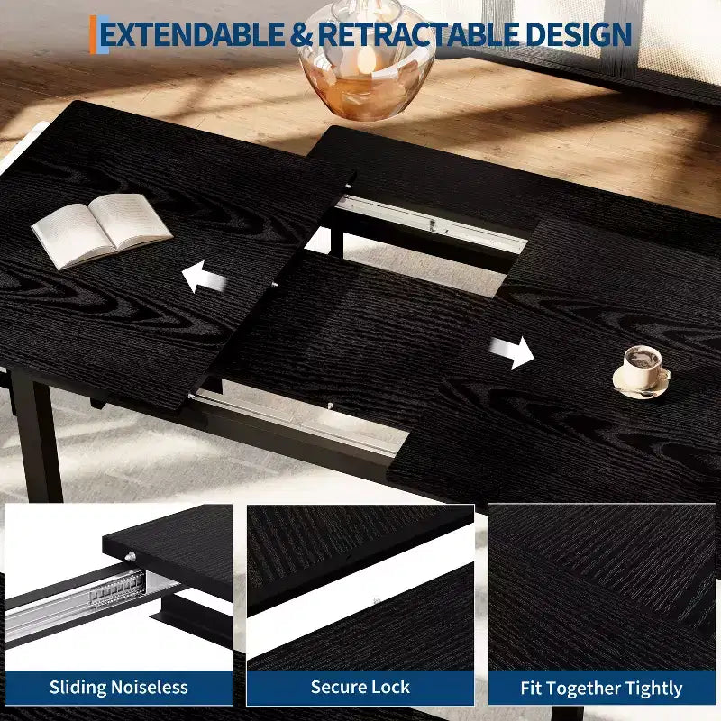 Ensemble table à manger extensible noire/marron, 5 pièces, pour 4 à 8 personnes