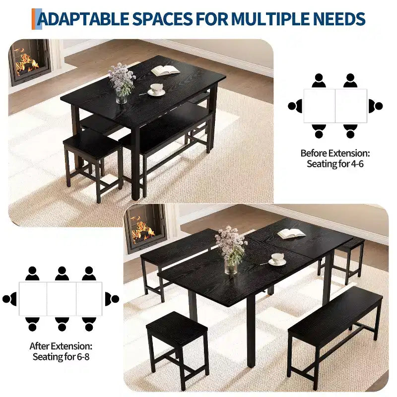 Ensemble table à manger extensible noire/marron, 5 pièces, pour 4 à 8 personnes