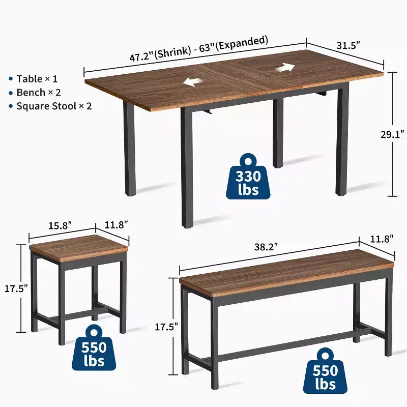 Ensemble table à manger extensible noire/marron, 5 pièces, pour 4 à 8 personnes