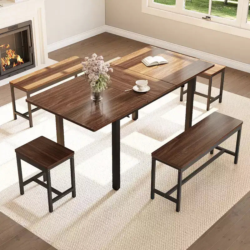Ensemble table à manger extensible noire/marron, 5 pièces, pour 4 à 8 personnes