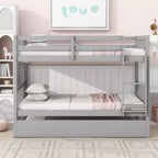 MAYEERTY Twin Rubber Wood Bunk Bed with Trundle Twin Bunk Bed with Ladder and Safety Guardrails Gray