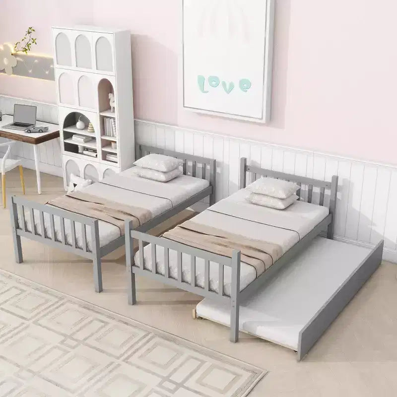 Lit superposé jumeau gris avec lit gigogne, échelle et balustrades, 3 couchages