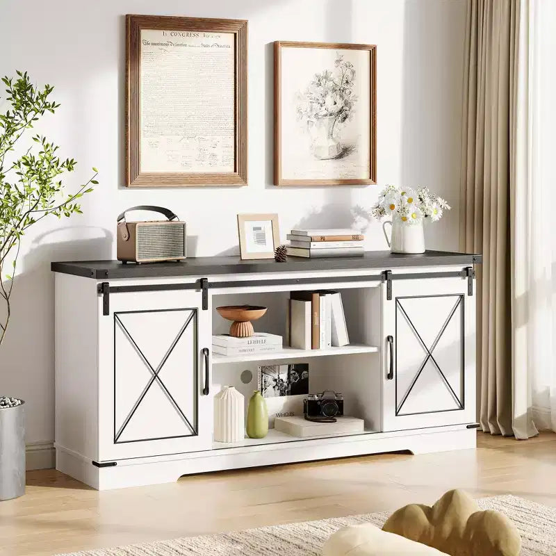 Meuble TV de style ferme marron avec portes coulissantes – Convient aux téléviseurs jusqu'à 65" – Assemblage par 1 personne