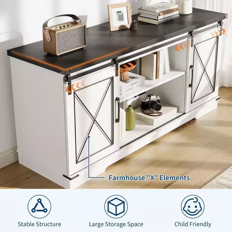 Meuble TV de style ferme marron avec portes coulissantes – Convient aux téléviseurs jusqu'à 65" – Assemblage par 1 personne