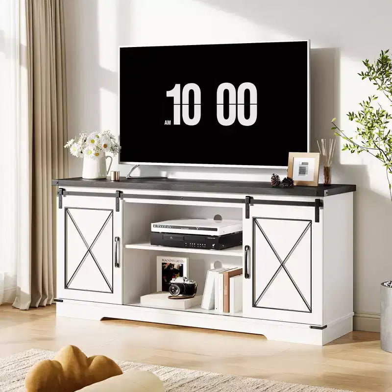 Meuble TV de style ferme marron avec portes coulissantes – Convient aux téléviseurs jusqu'à 65" – Assemblage par 1 personne