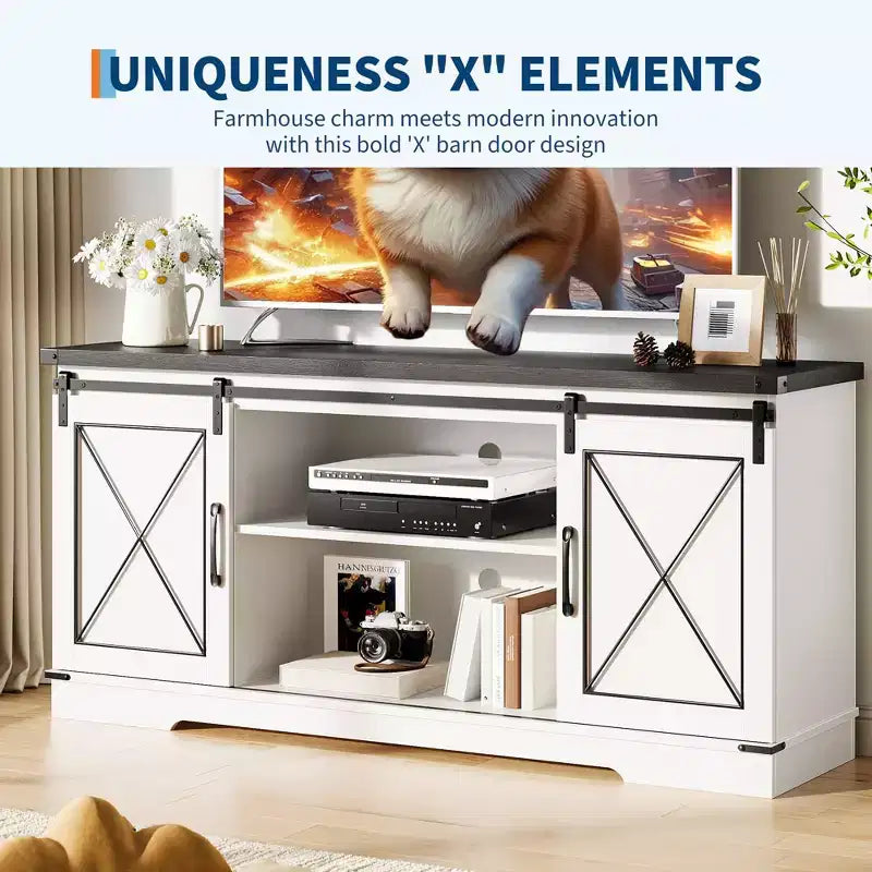 Meuble TV de style ferme marron avec portes coulissantes – Convient aux téléviseurs jusqu'à 65" – Assemblage par 1 personne