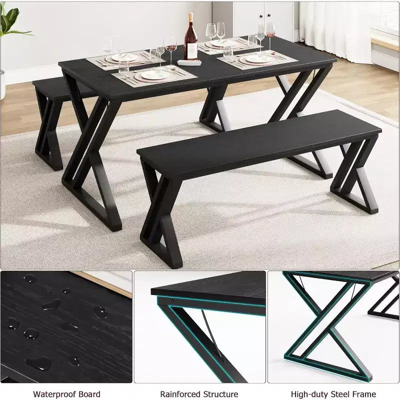 Ensemble table et bancs de salle à manger en bois et métal noirs – 2 places