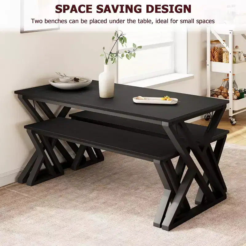 Ensemble table et bancs de salle à manger en bois et métal noirs – 2 places